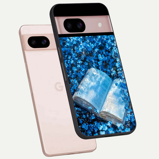  Blue Bloom Tales phone case For Google Pixel 8 showing premium glass back cover with detailed artwork