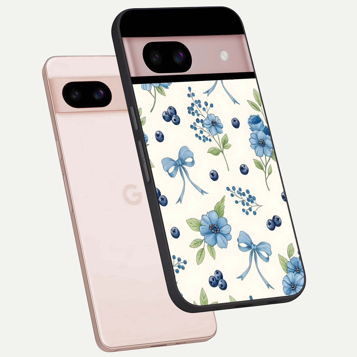  Blue Flower And Bow phone case For Google Pixel 8 showing premium glass back cover with detailed artwork