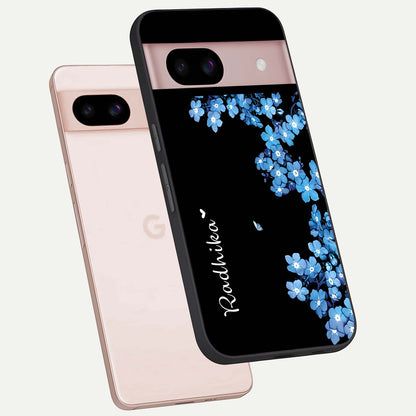  Blue Petal Dream Custom Name phone case For Google Pixel 8 showing premium glass back cover with detailed artwork
