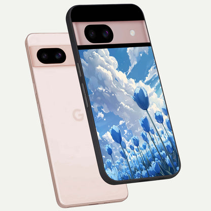  Blue Tulip Clouds phone case For Google Pixel 8 showing premium glass back cover with detailed artwork