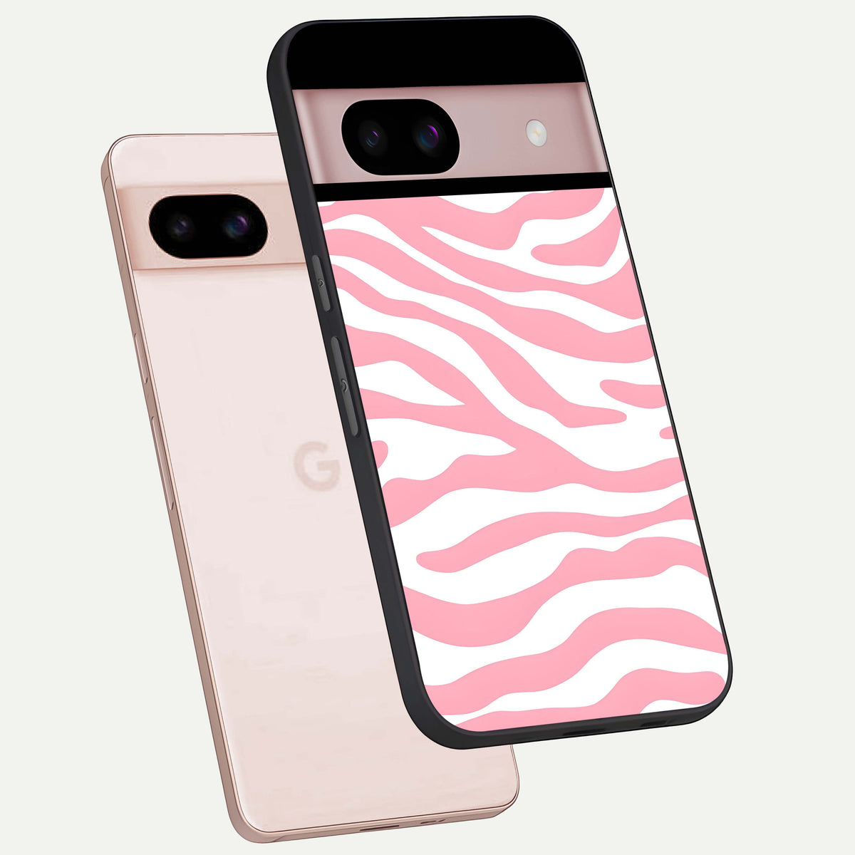  Blush Zebra Flow phone case For Google Pixel 8 showing premium glass back cover with detailed artwork