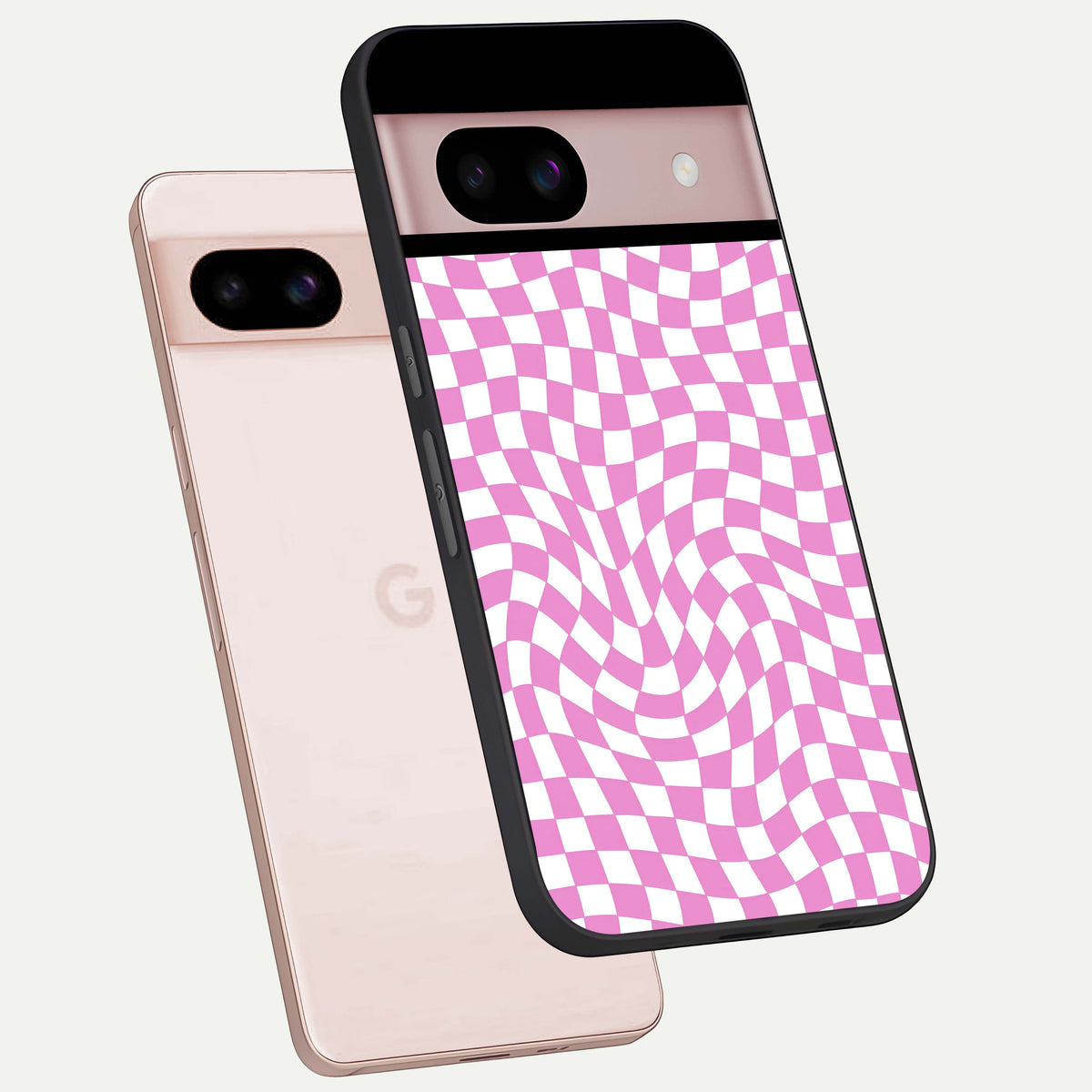  Bubblegum Check Wave phone case For Google Pixel 8 showing premium glass back cover with detailed artwork