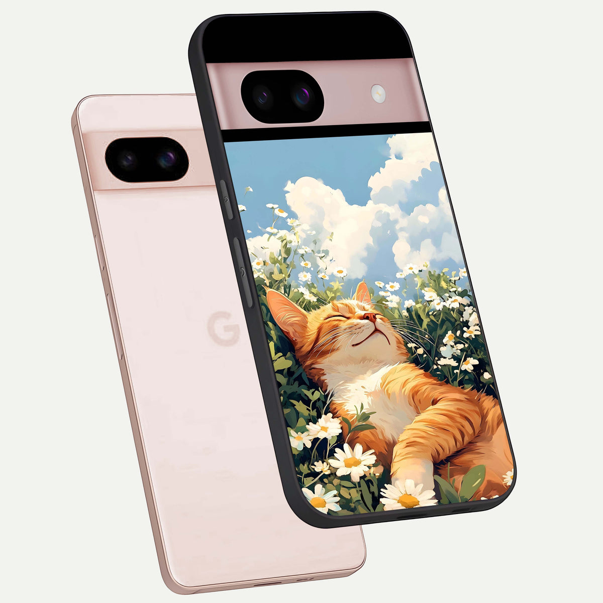  Cat And Flowers View phone case For Google Pixel 8 showing premium glass back cover with detailed artwork