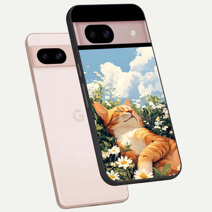 Cat And Flowers View phone case For Google Pixel 8 showing premium glass back cover with detailed artwork