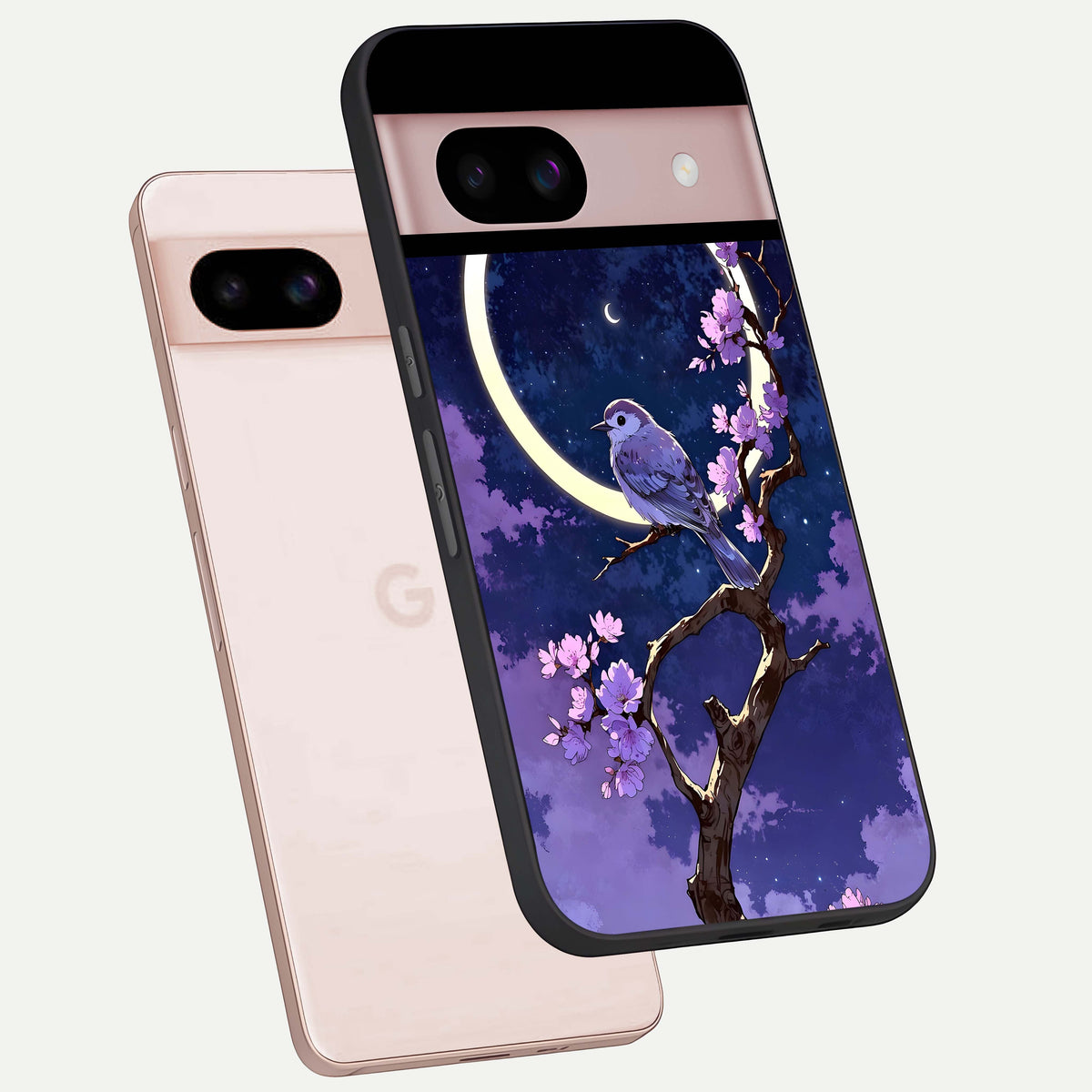  Celestial Bird Blossom phone case For Google Pixel 8 showing premium glass back cover with detailed artwork