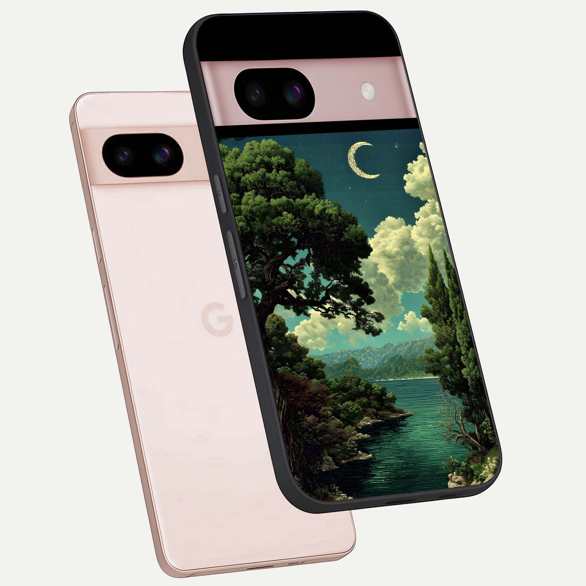  Celestial Lake Peace phone case For Google Pixel 8 showing premium glass back cover with detailed artwork