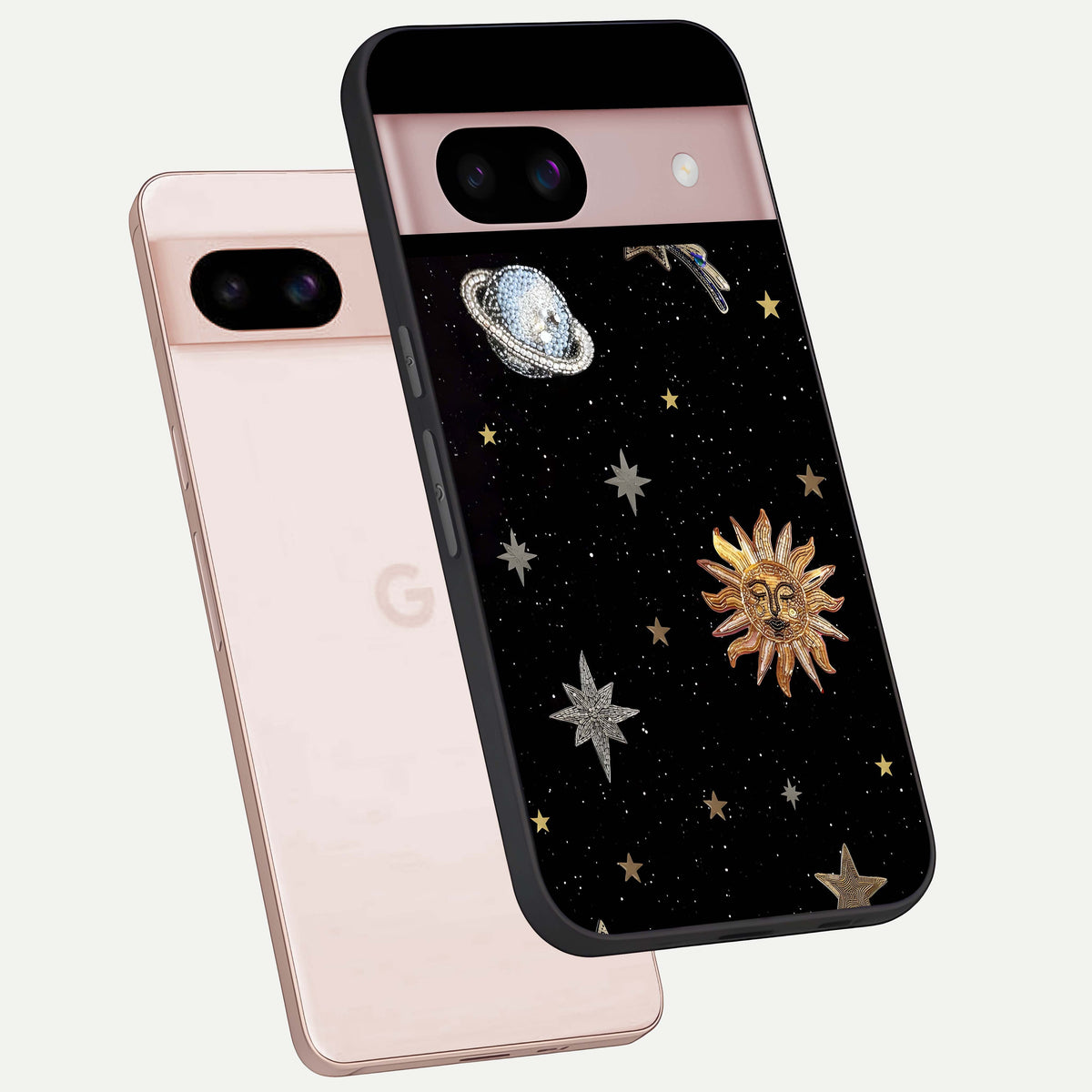  Celestial Moon With Stars phone case For Google Pixel 8 showing premium glass back cover with detailed artwork