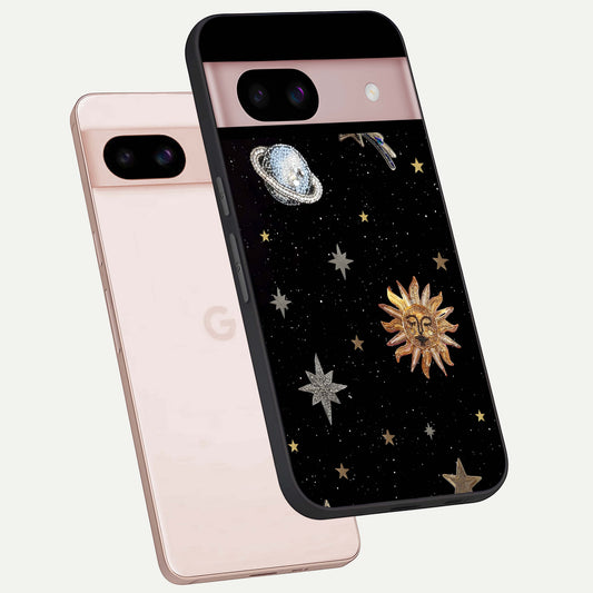  Celestial Moon With Stars phone case For Google Pixel 8 showing premium glass back cover with detailed artwork
