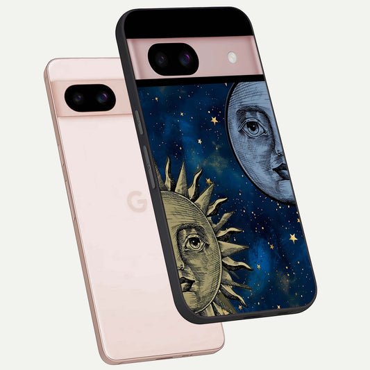  Celestial Moon With Sun phone case For Google Pixel 8 showing premium glass back cover with detailed artwork