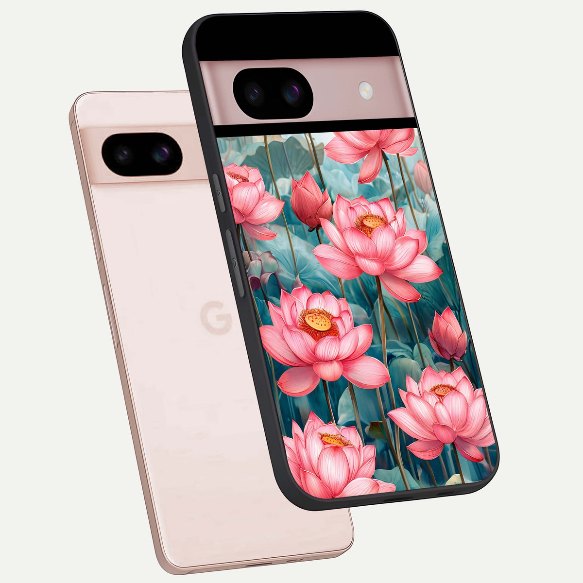  Celestial Pink Lotus phone case For Google Pixel 8 showing premium glass back cover with detailed artwork