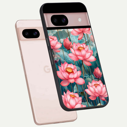  Celestial Pink Lotus phone case For Google Pixel 8 showing premium glass back cover with detailed artwork
