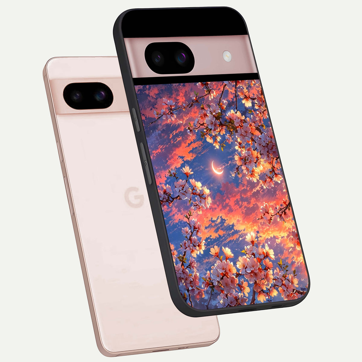  Celestial Sakura Sunset phone case For Google Pixel 8 showing premium glass back cover with detailed artwork