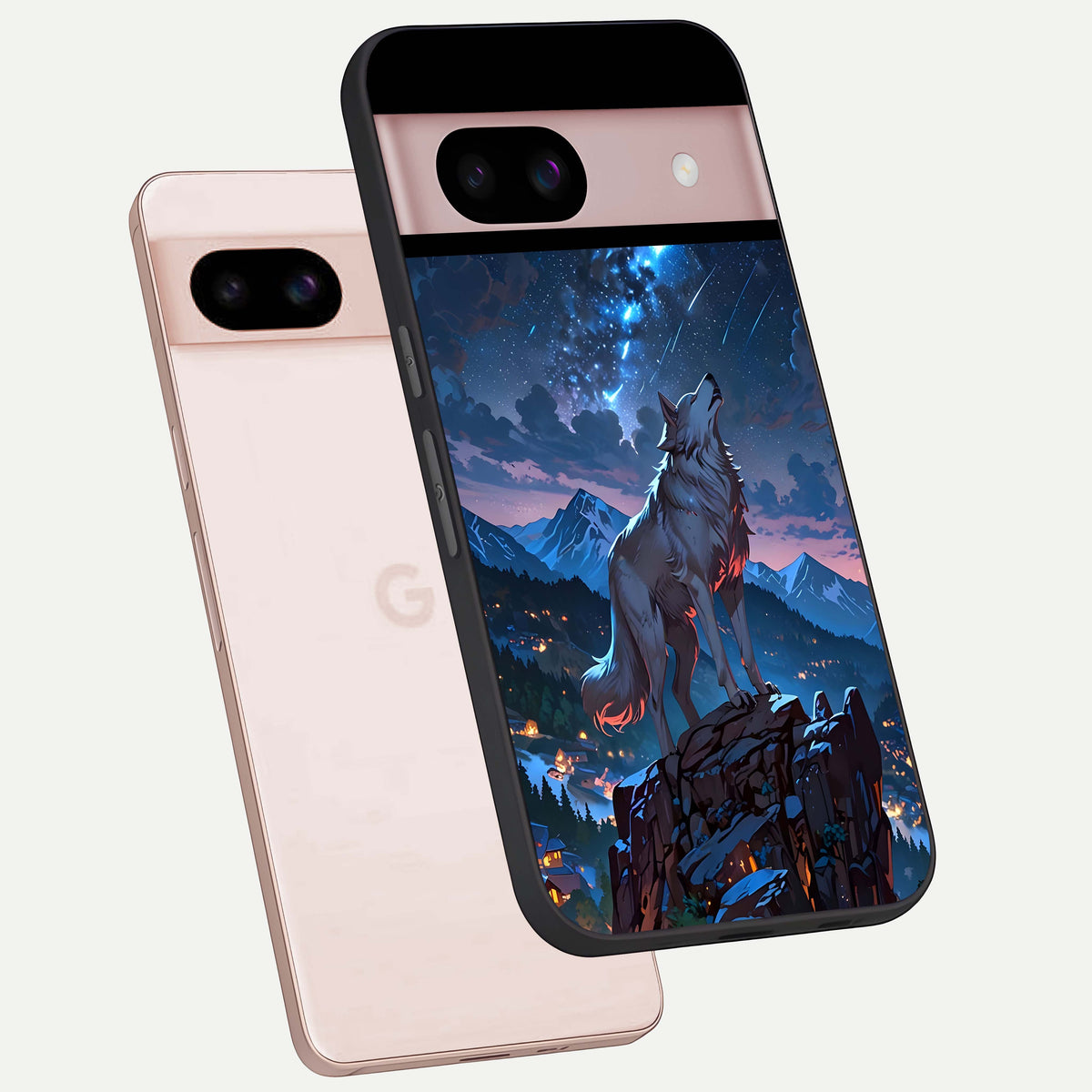  Celestial Wolf Howl phone case For Google Pixel 8 showing premium glass back cover with detailed artwork