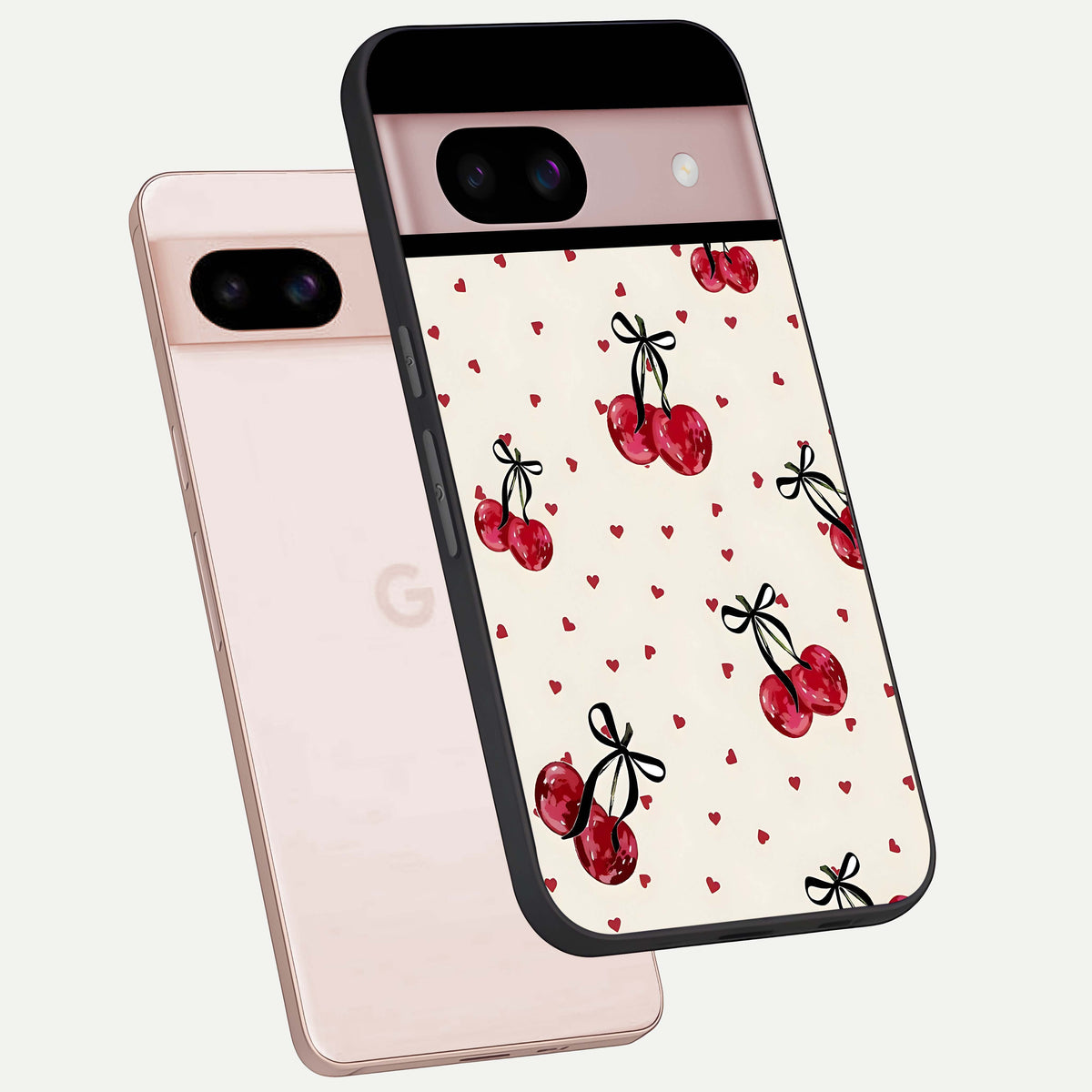  Cherry Heart Bow phone case For Google Pixel 8 showing premium glass back cover with detailed artwork