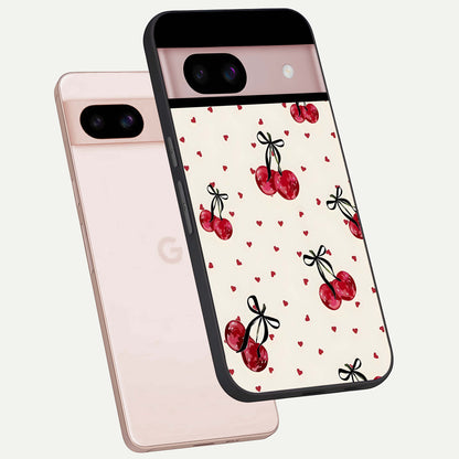  Cherry Heart Bow phone case For Google Pixel 8 showing premium glass back cover with detailed artwork