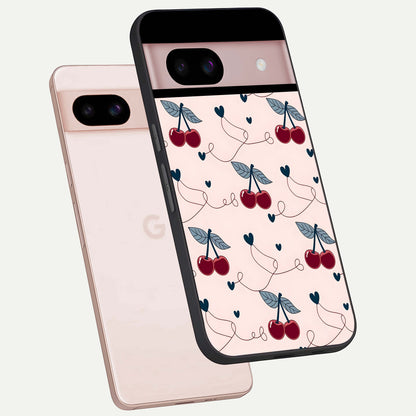  Cherry Heart Line phone case For Google Pixel 8 showing premium glass back cover with detailed artwork