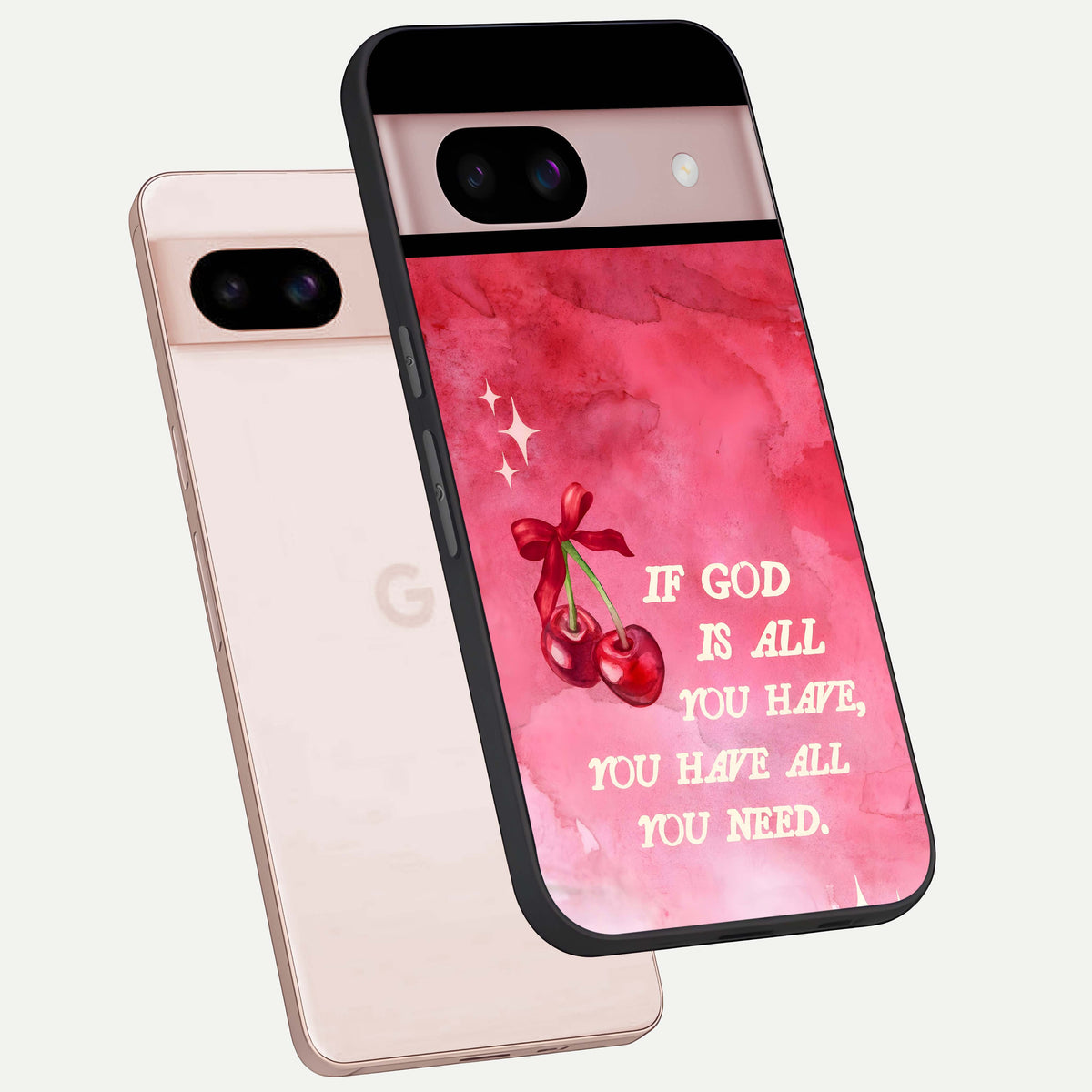  Cherry Quote phone case For Google Pixel 8 showing premium glass back cover with detailed artwork