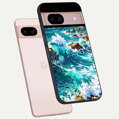  Coastal Blue Waves phone case For Google Pixel 8 showing premium glass back cover with detailed artwork