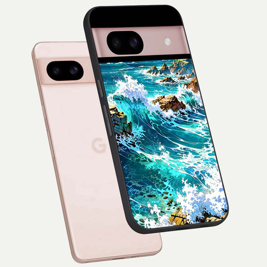  Coastal Blue Waves phone case For Google Pixel 8 showing premium glass back cover with detailed artwork