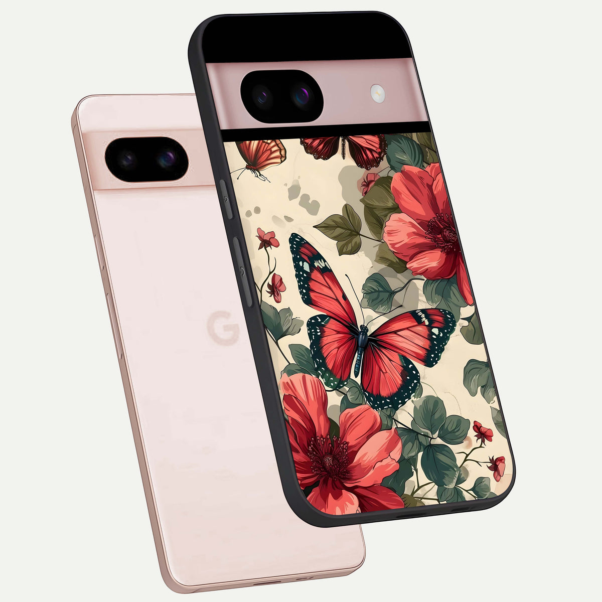  Crimson Butterfly Garden phone case For Google Pixel 8 showing premium glass back cover with detailed artwork