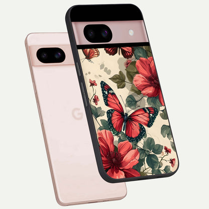  Crimson Butterfly Garden phone case For Google Pixel 8 showing premium glass back cover with detailed artwork