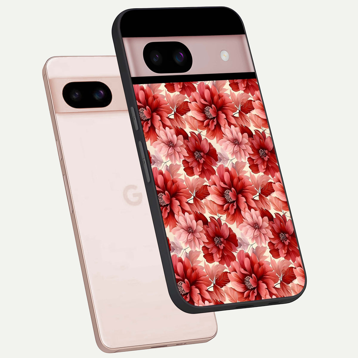 Crimson Love Petals phone case For Google Pixel 8 showing premium glass back cover with detailed artwork