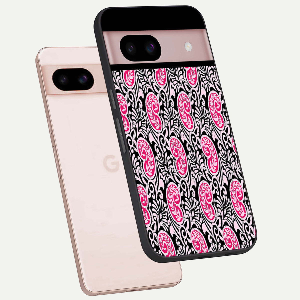  Crimson Paisley Charm phone case For Google Pixel 8 showing premium glass back cover with detailed artwork