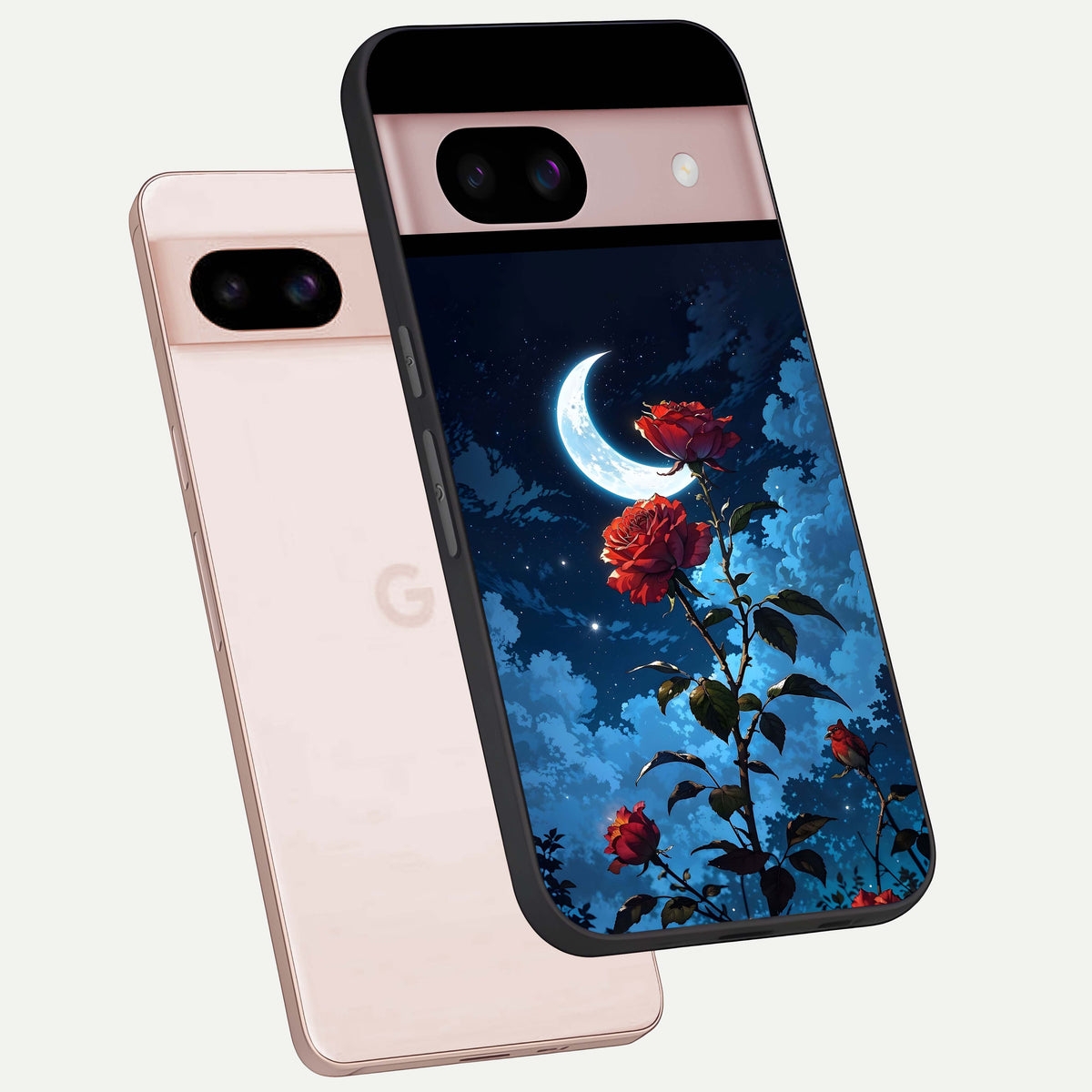  Crimson Rose Moon phone case For Google Pixel 8 showing premium glass back cover with detailed artwork