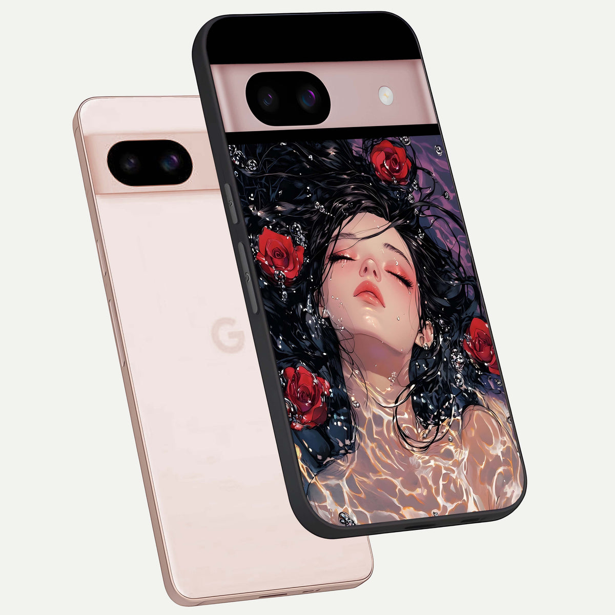  Crimson Rose Serenity phone case For Google Pixel 8 showing premium glass back cover with detailed artwork