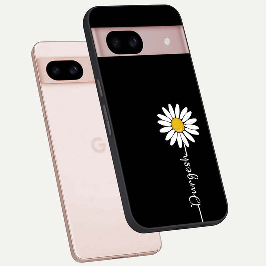  Custom Name White Flower phone case For Google Pixel 8 showing premium glass back cover with detailed artwork