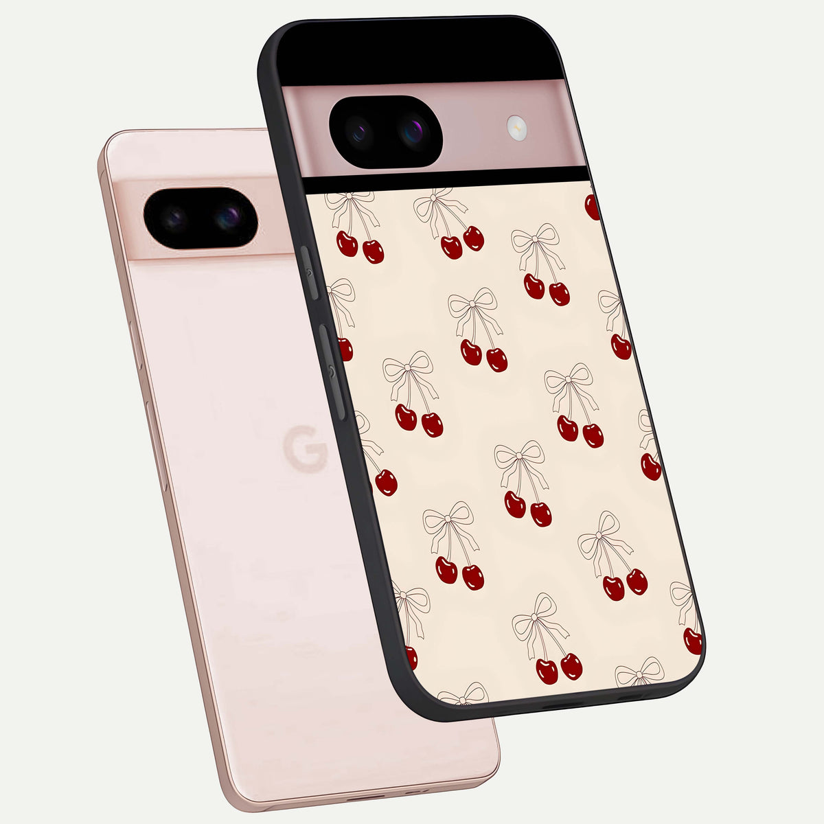  Cute Cherry Pattern phone case For Google Pixel 8 showing premium glass back cover with detailed artwork