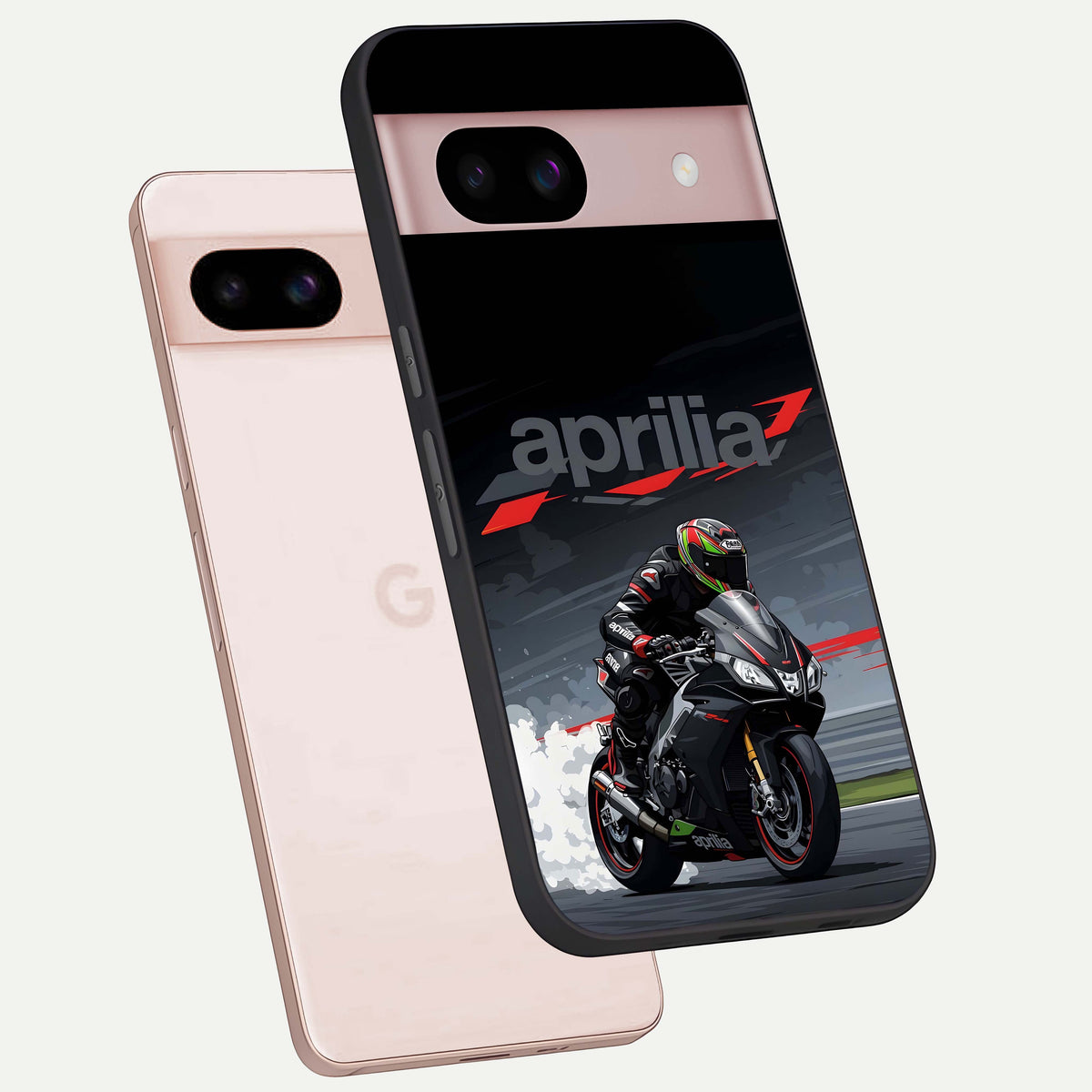  Dark Aprilla phone case For Google Pixel 8 showing premium glass back cover with detailed artwork