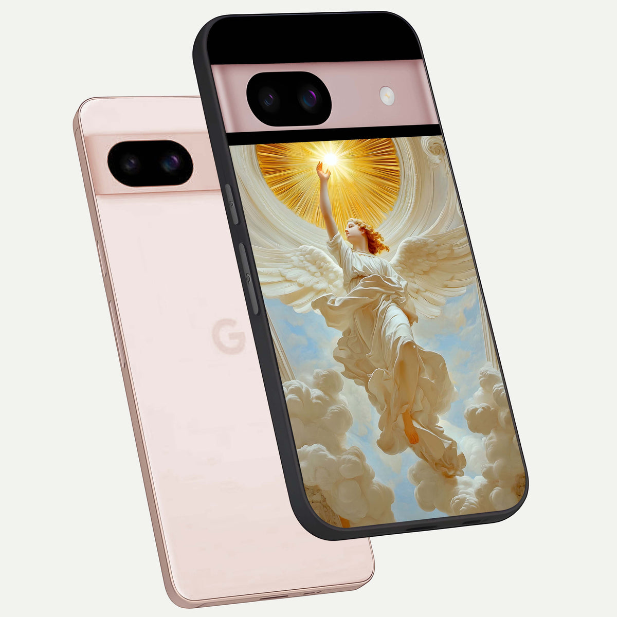  Divine Light Angel phone case For Google Pixel 8 showing premium glass back cover with detailed artwork