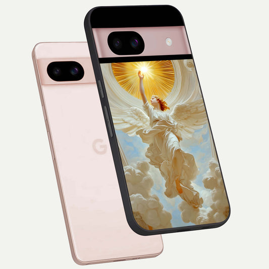  Divine Light Angel phone case For Google Pixel 8 showing premium glass back cover with detailed artwork