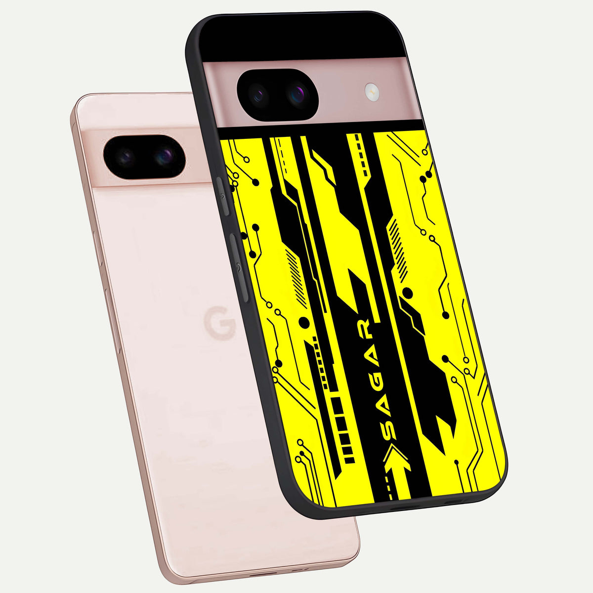  Electric Pulse CYBERPUNK Custom Name phone case For Google Pixel 8 showing premium glass back cover with detailed artwork