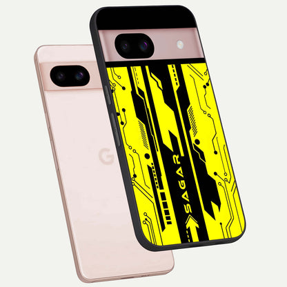  Electric Pulse CYBERPUNK Custom Name phone case For Google Pixel 8 showing premium glass back cover with detailed artwork