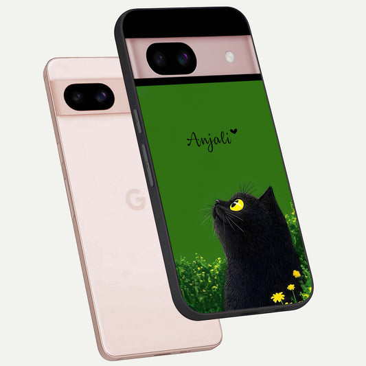  Emerald Cat Custom Name phone case For Google Pixel 8 showing premium glass back cover with detailed artwork