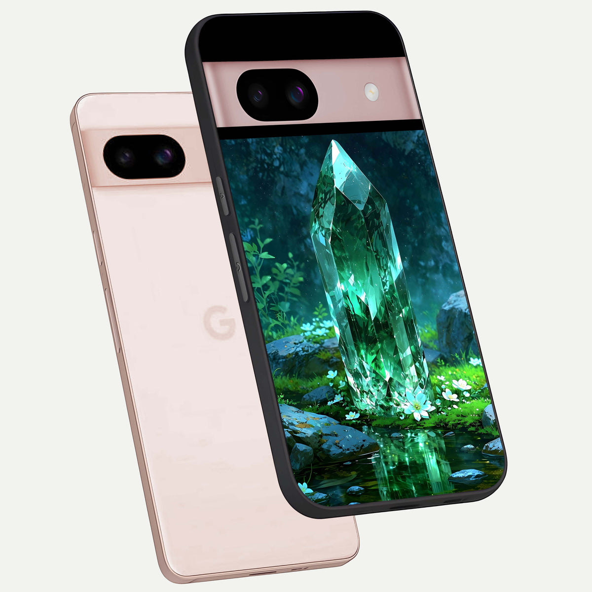  Emerald Light Crystal phone case For Google Pixel 8 showing premium glass back cover with detailed artwork