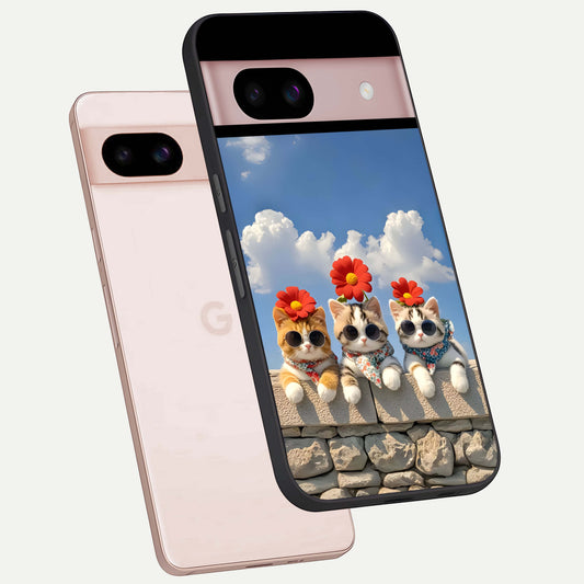  Floral Kitty Squad phone case For Google Pixel 8 showing premium glass back cover with detailed artwork