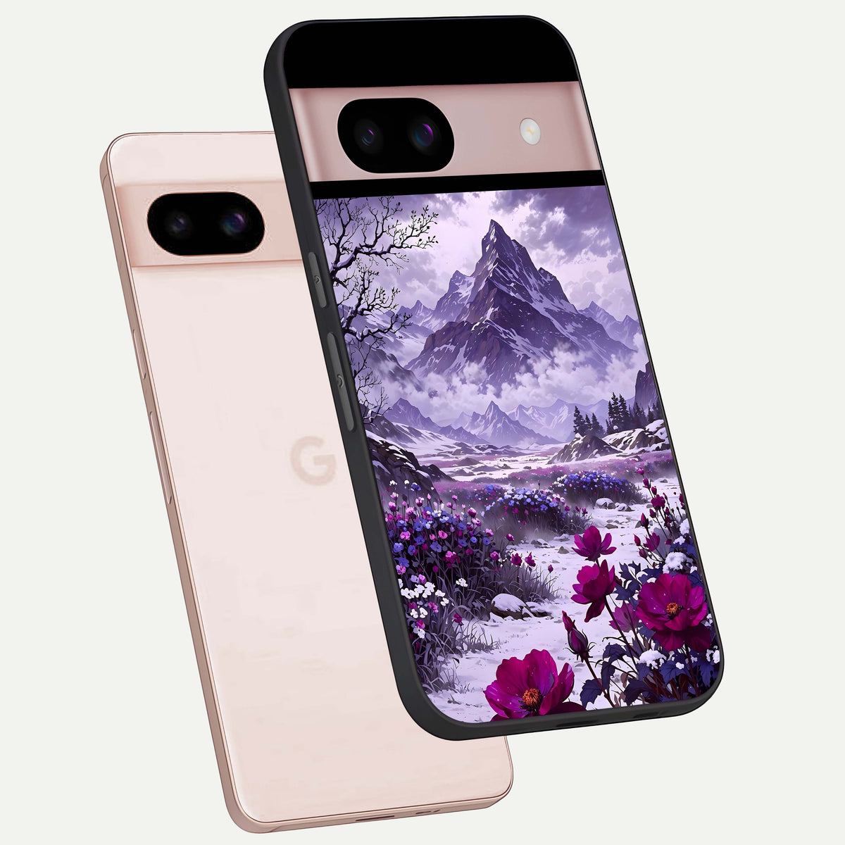  Flower Mountain View phone case For Google Pixel 8 showing premium glass back cover with detailed artwork