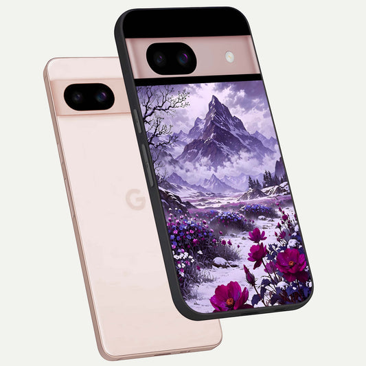  Flower Mountain View phone case For Google Pixel 8 showing premium glass back cover with detailed artwork