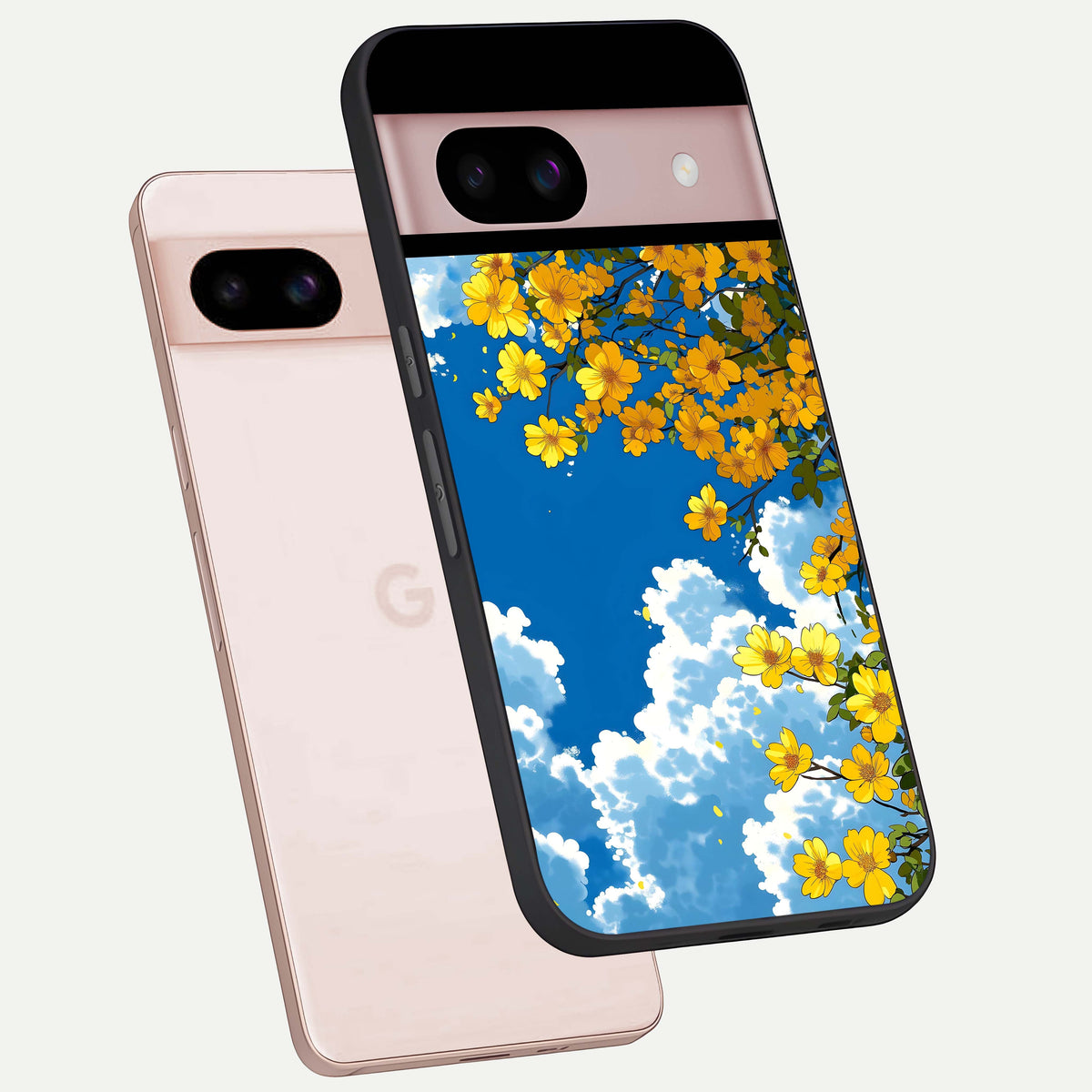  Golden Petal Sky phone case For Google Pixel 8 showing premium glass back cover with detailed artwork