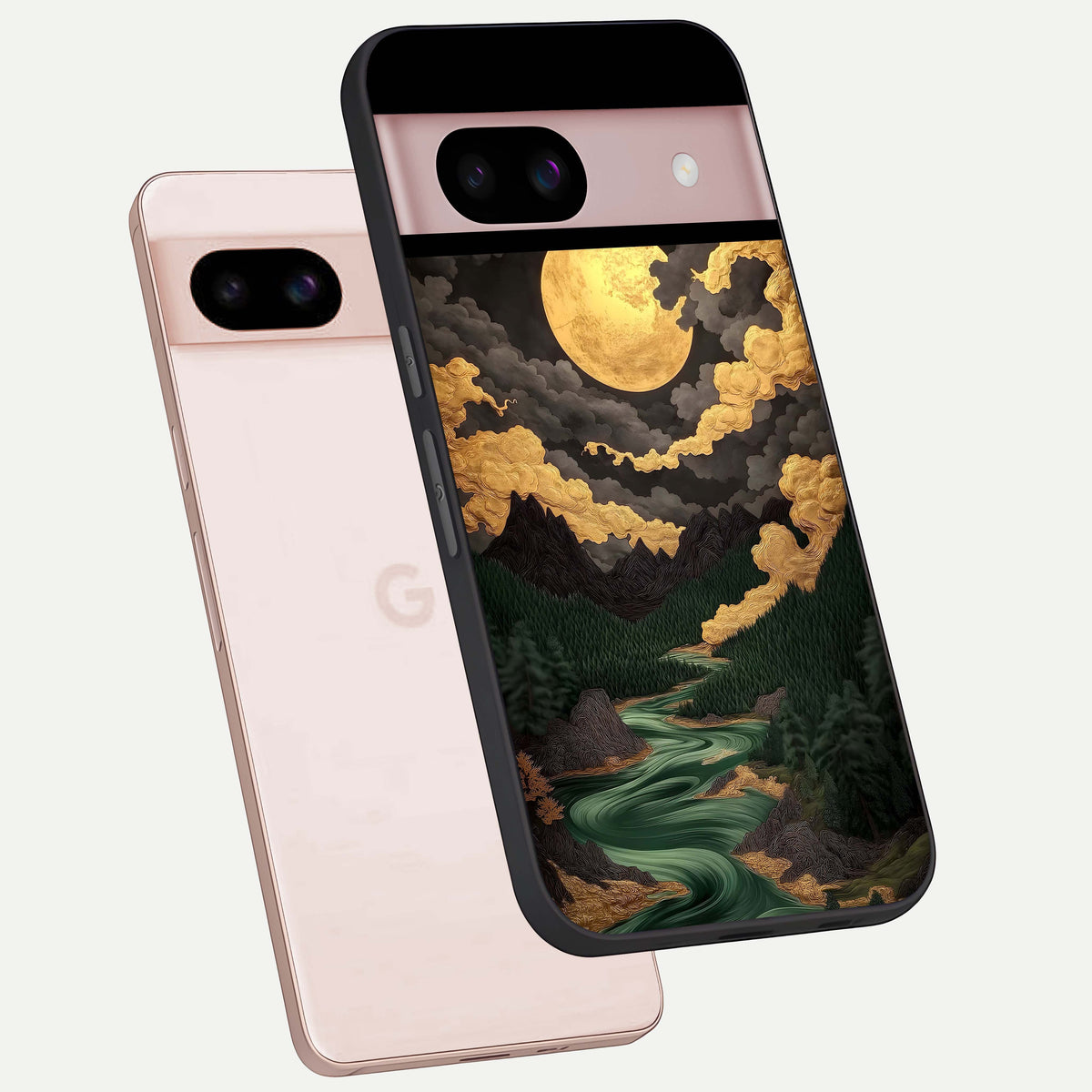  Golden River Moon phone case For Google Pixel 8 showing premium glass back cover with detailed artwork