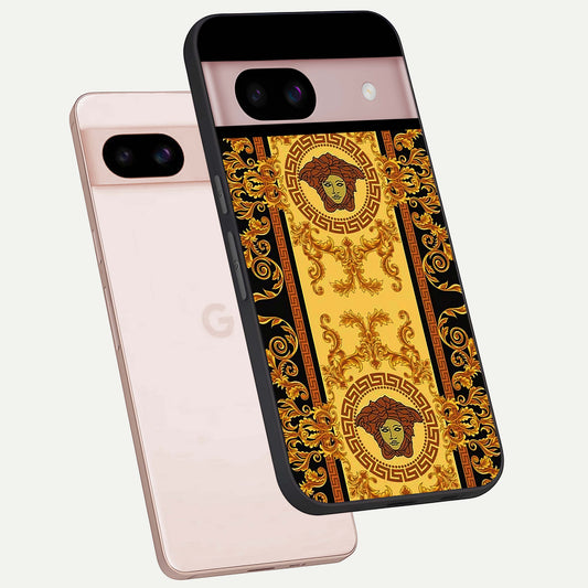  Golden Royal Heritage phone case For Google Pixel 8 showing premium glass back cover with detailed artwork
