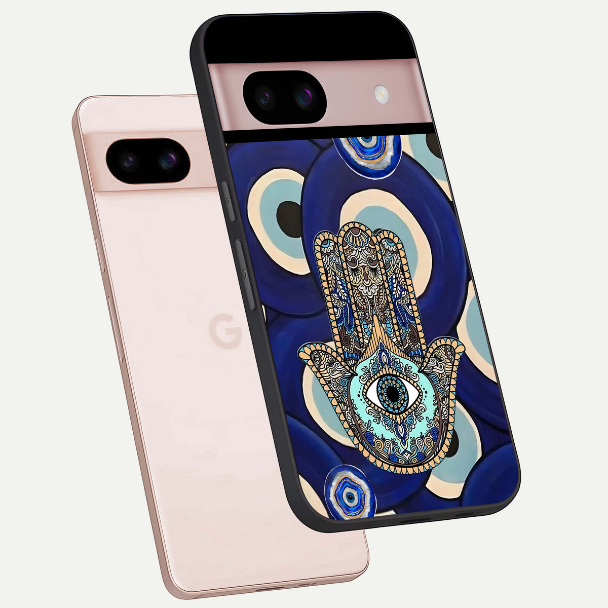  Hamsa Divine Guard phone case For Google Pixel 8 showing premium glass back cover with detailed artwork