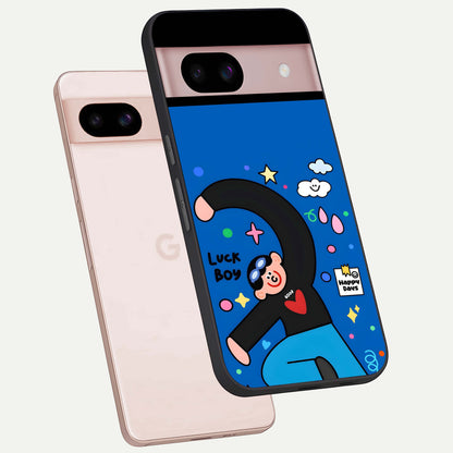  Happy Luck Vibe phone case For Google Pixel 8 showing premium glass back cover with detailed artwork