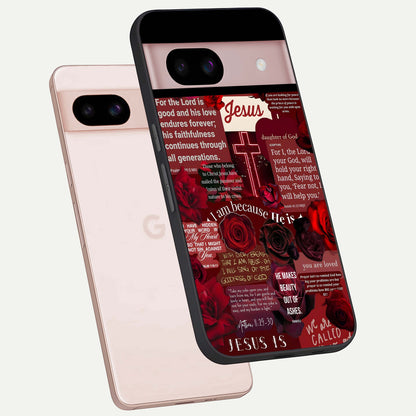  Jesus Love Heals phone case For Google Pixel 8 showing premium glass back cover with detailed artwork