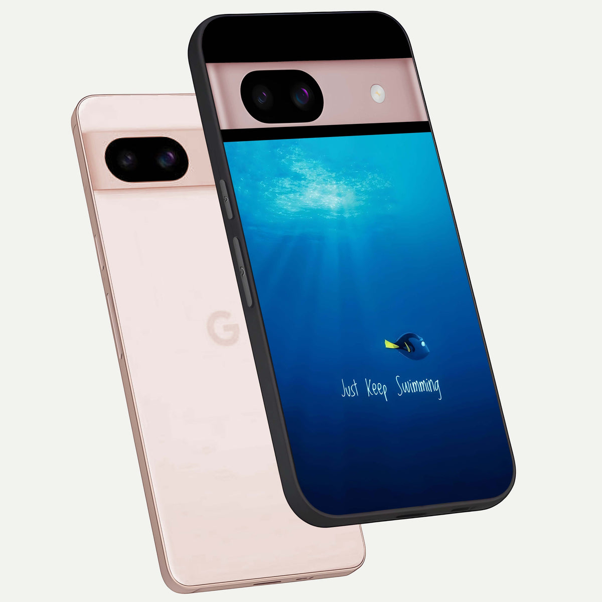  Just Keep Swimming phone case For Google Pixel 8 showing premium glass back cover with detailed artwork