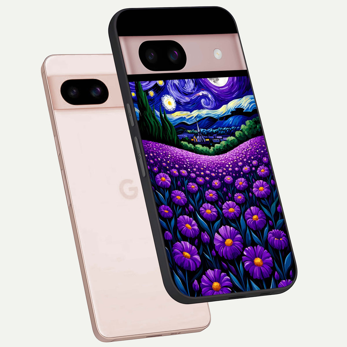 Lavender Moon Field phone case For Google Pixel 8 showing premium glass back cover with detailed artwork