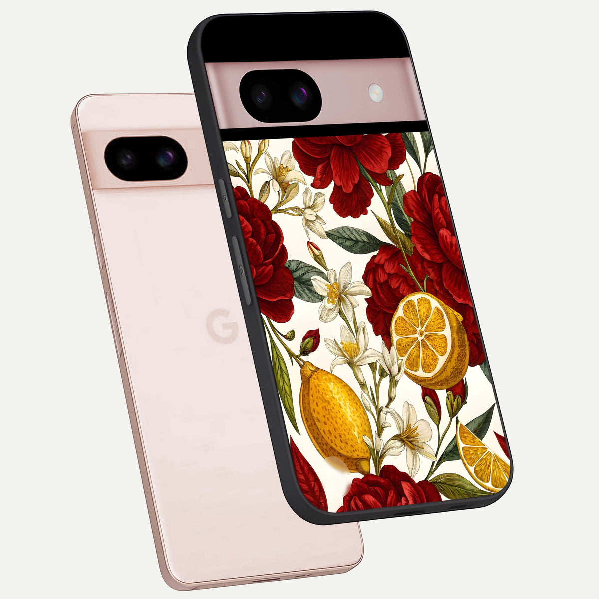  Lemon Rose Charm phone case For Google Pixel 8 showing premium glass back cover with detailed artwork